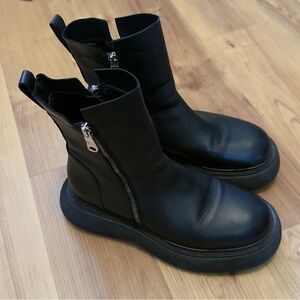 Free People Mara Black Leather Moto Boots, 38.5